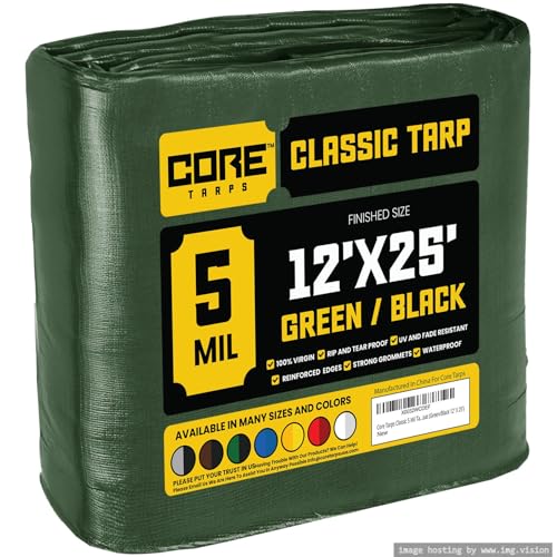 Core Tarps Classic 5 Mil Tarp Cover, Waterproof, UV Resistant, Rip and Tear Proof, Poly Tarpaulin with Reinforced Edges for Roof, Camping, Patio, Pool Cover, Boat (Green/Black 12 X 25)