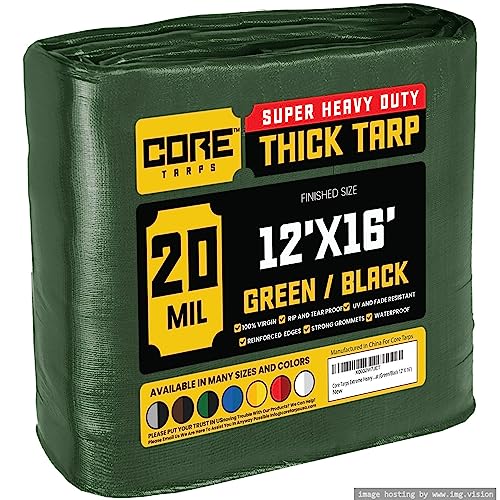 Core Tarps Extreme Heavy Duty 20 Mil Tarp Cover, Waterproof, UV Resistant, Rip and Tear Proof, Poly Tarpaulin with Reinforced Edges for Roof, Camping, Patio, Pool, Boat (Green/Black 12 X 16)
