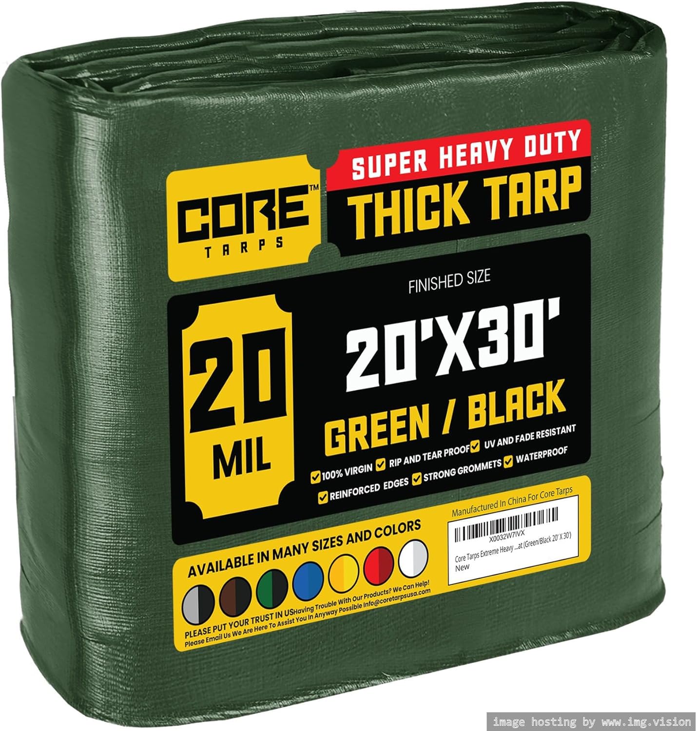Core Tarps Extreme Heavy Duty 20 Mil Tarp Cover, Waterproof, UV Resistant, Rip and Tear Proof, Poly Tarpaulin with Reinforced Edges for Roof, Camping, Patio, Pool, Boat (Green/Black 20 X 30)