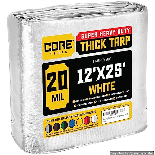 Core Tarps Extreme Heavy Duty 20 Mil Tarp Cover, Waterproof, UV Resistant, Rip and Tear Proof, Poly Tarpaulin with Reinforced Edges for Roof, Camping, Patio, Pool, Boat (White 12 X 25)