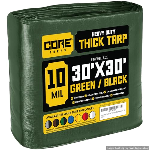 Core Tarps Heavy Duty 10 Mil Tarp Cover, Waterproof, UV Resistant, Rip and Tear Proof, Poly Tarpaulin with Reinforced Edges for Roof, Camping, Patio, Pool, Boat (Green/Black 30 X 30)