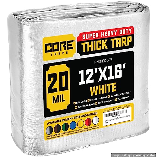 Core Tarps Extreme Heavy Duty 20 Mil Tarp Cover, Waterproof, UV Resistant, Rip and Tear Proof, Poly Tarpaulin with Reinforced Edges for Roof, Camping, Patio, Pool, Boat (White 12 X 16)