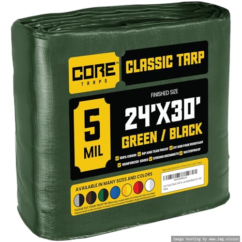 Core Tarps Classic 5 Mil Tarp Cover, Waterproof, UV Resistant, Rip and Tear Proof, Poly Tarpaulin with Reinforced Edges for Roof, Camping, Patio, Pool Cover, Boat (Green/Black 24 X 30)