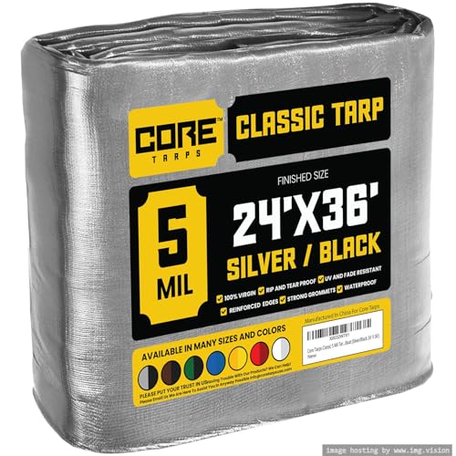Core Tarps Classic 5 Mil Tarp Cover, Waterproof, UV Resistant, Rip and Tear Proof, Poly Tarpaulin with Reinforced Edges for Roof, Camping, Patio, Pool Cover, Boat (Silver/Black 24 X 36)