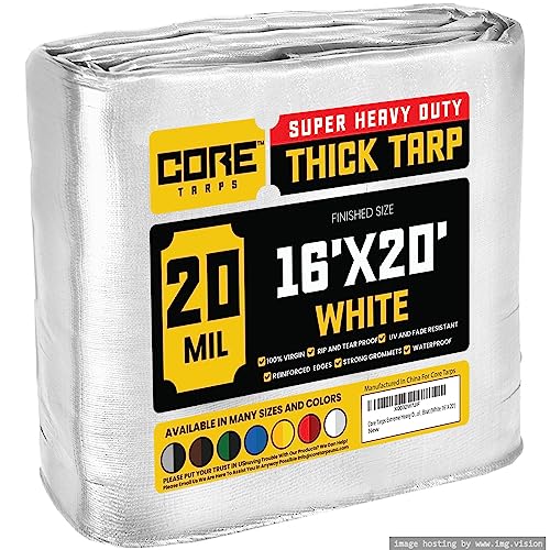 Core Tarps Extreme Heavy Duty 20 Mil Tarp Cover, Waterproof, UV Resistant, Rip and Tear Proof, Poly Tarpaulin with Reinforced Edges for Roof, Camping, Patio, Pool, Boat (White 16 X 20)