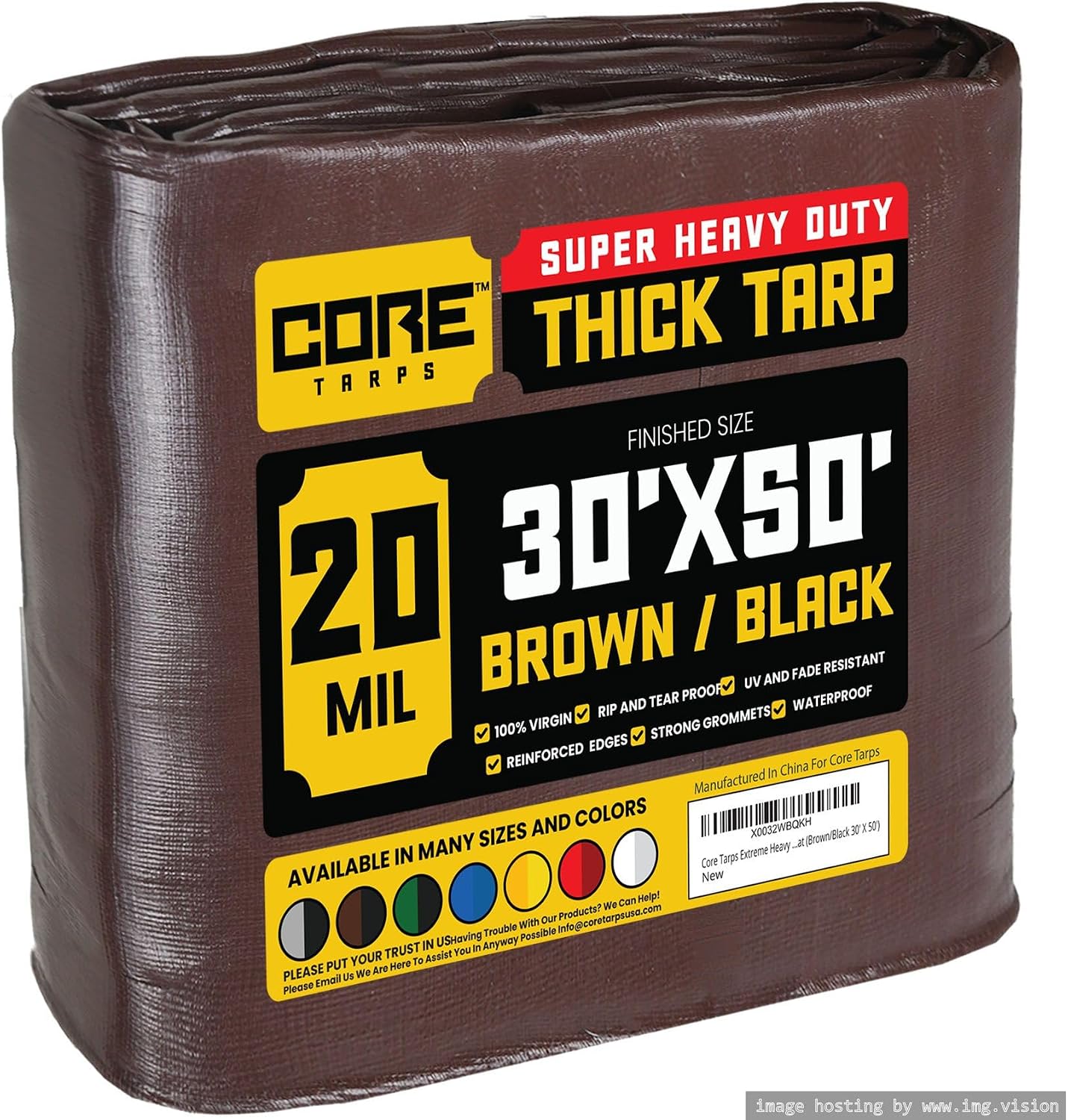 Core Tarps Extreme Heavy Duty 20 Mil Tarp Cover, Waterproof, UV Resistant, Rip and Tear Proof, Poly Tarpaulin with Reinforced Edges for Roof, Camping, Patio, Pool, Boat (Brown/Black 30 X 50)