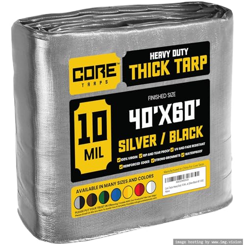 Core Tarps Heavy Duty 10 Mil Tarp Cover, Waterproof, UV Resistant, Rip and Tear Proof, Poly Tarpaulin with Reinforced Edges for Roof, Camping, Patio, Pool, Boat (Silver/Black 40 X 60)