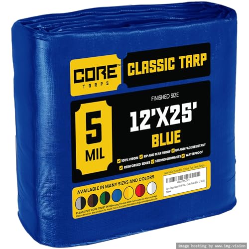 Core Tarps Classic 5 Mil Tarp Cover, Waterproof, UV Resistant, Rip and Tear Proof, Poly Tarpaulin with Reinforced Edges for Roof, Camping, Patio, Pool Cover, Boat (Blue 12 X 25)