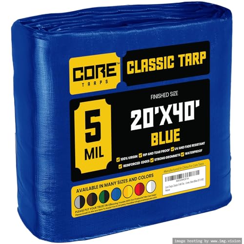 Core Tarps Classic 5 Mil Tarp Cover, Waterproof, UV Resistant, Rip and Tear Proof, Poly Tarpaulin with Reinforced Edges for Roof, Camping, Patio, Pool Cover, Boat (Blue 20 X 40)