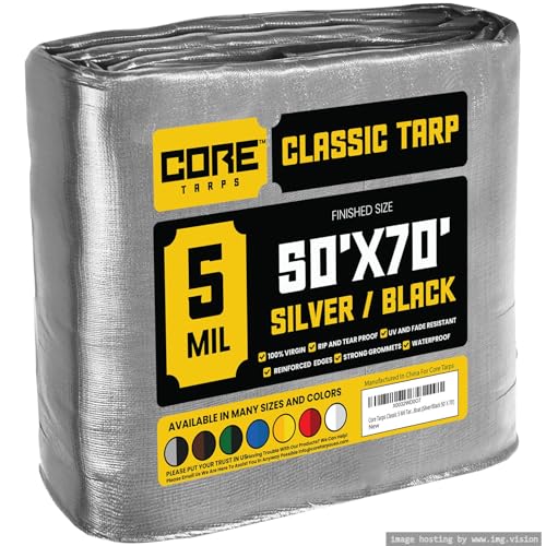 Core Tarps Classic 5 Mil Tarp Cover, Waterproof, UV Resistant, Rip and Tear Proof, Poly Tarpaulin with Reinforced Edges for Roof, Camping, Patio, Pool Cover, Boat (Silver/Black 50 X 70)