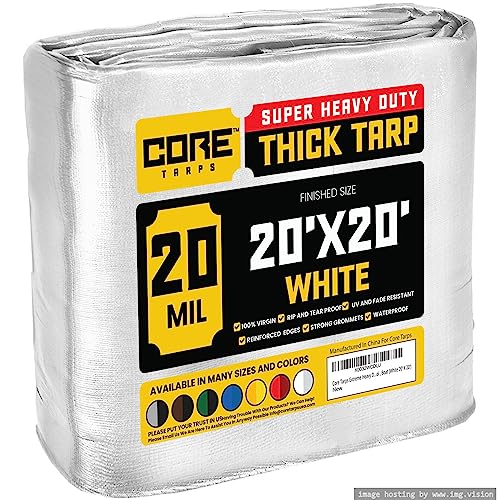Core Tarps Extreme Heavy Duty 20 Mil Tarp Cover, Waterproof, UV Resistant, Rip and Tear Proof, Poly Tarpaulin with Reinforced Edges for Roof, Camping, Patio, Pool, Boat (White 20 X 20)