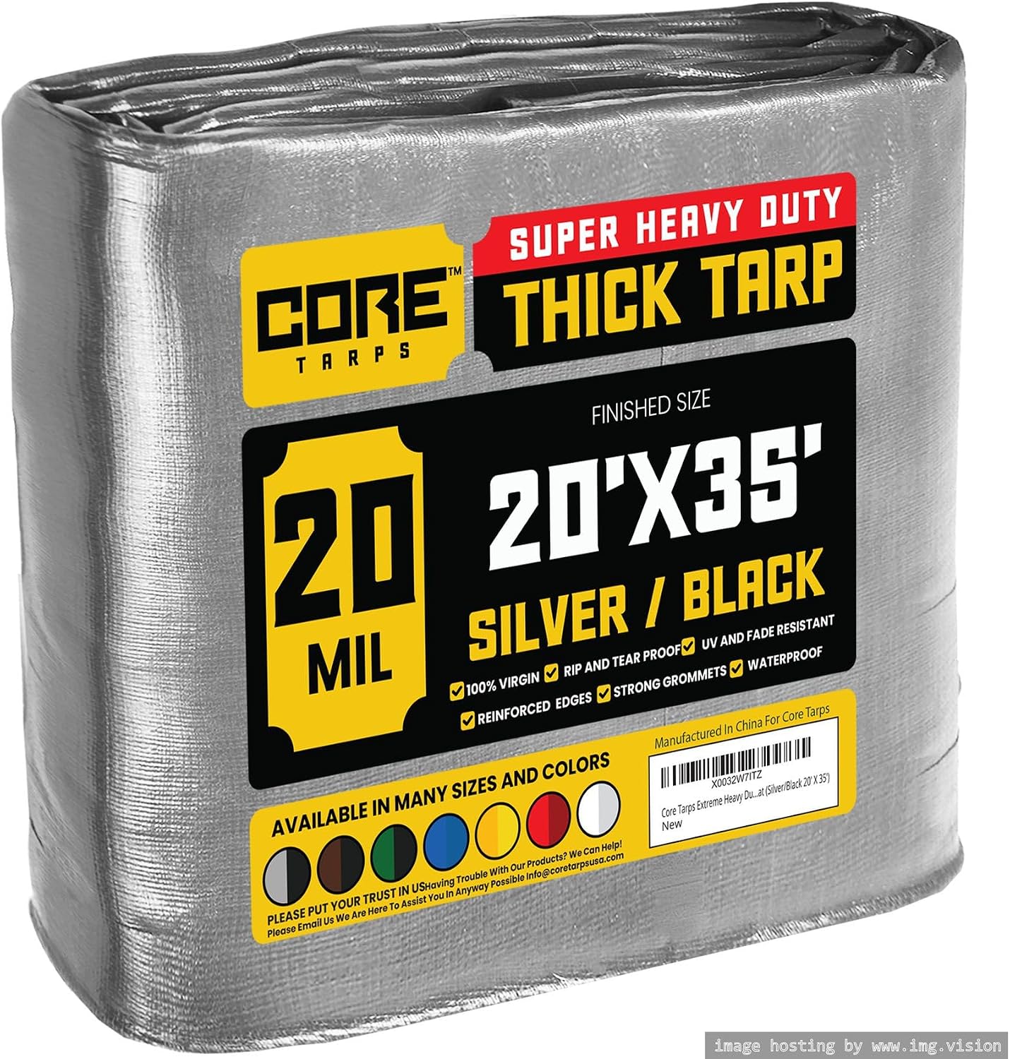 Core Tarps Extreme Heavy Duty 20 Mil Tarp Cover, Waterproof, UV Resistant, Rip and Tear Proof, Poly Tarpaulin with Reinforced Edges for Roof, Camping, Patio, Pool, Boat (Silver/Black 20 X 35)