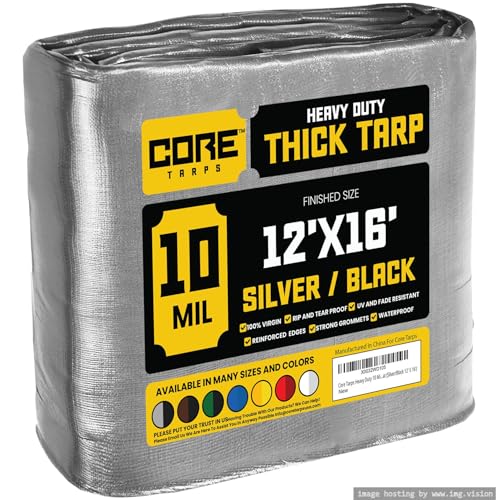 Core Tarps Heavy Duty 10 Mil Tarp Cover, Waterproof, UV Resistant, Rip and Tear Proof, Poly Tarpaulin with Reinforced Edges for Roof, Camping, Patio, Pool, Boat (Silver/Black 12 X 16)