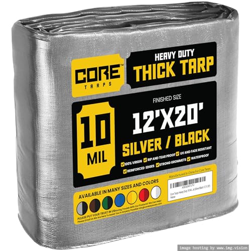 Core Tarps Heavy Duty 10 Mil Tarp Cover, Waterproof, UV Resistant, Rip and Tear Proof, Poly Tarpaulin with Reinforced Edges for Roof, Camping, Patio, Pool, Boat (Silver/Black 12 X 20)