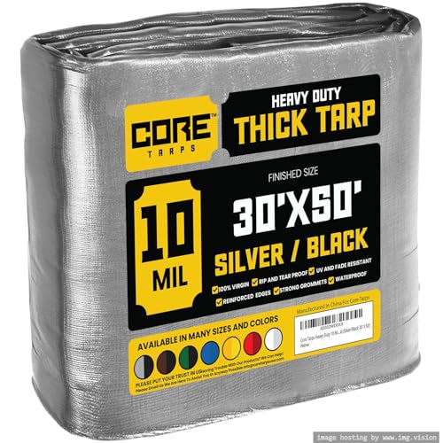 Core Tarps Heavy Duty 10 Mil Tarp Cover, Waterproof, UV Resistant, Rip and Tear Proof, Poly Tarpaulin with Reinforced Edges for Roof, Camping, Patio, Pool, Boat (Silver/Black 30 X 50)