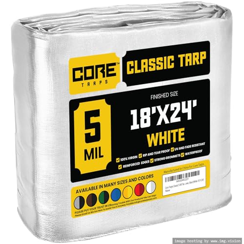 Core Tarps Classic 5 Mil Tarp Cover, Waterproof, UV Resistant, Rip and Tear Proof, Poly Tarpaulin with Reinforced Edges for Roof, Camping, Patio, Pool Cover, Boat (White 18 X 24)