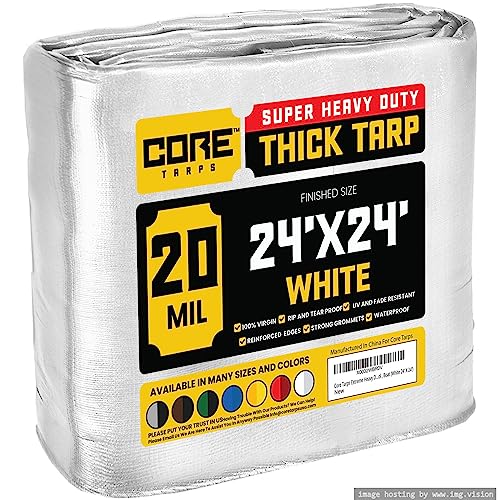 Core Tarps Extreme Heavy Duty 20 Mil Tarp Cover, Waterproof, UV Resistant, Rip and Tear Proof, Poly Tarpaulin with Reinforced Edges for Roof, Camping, Patio, Pool, Boat (White 24 X 24)