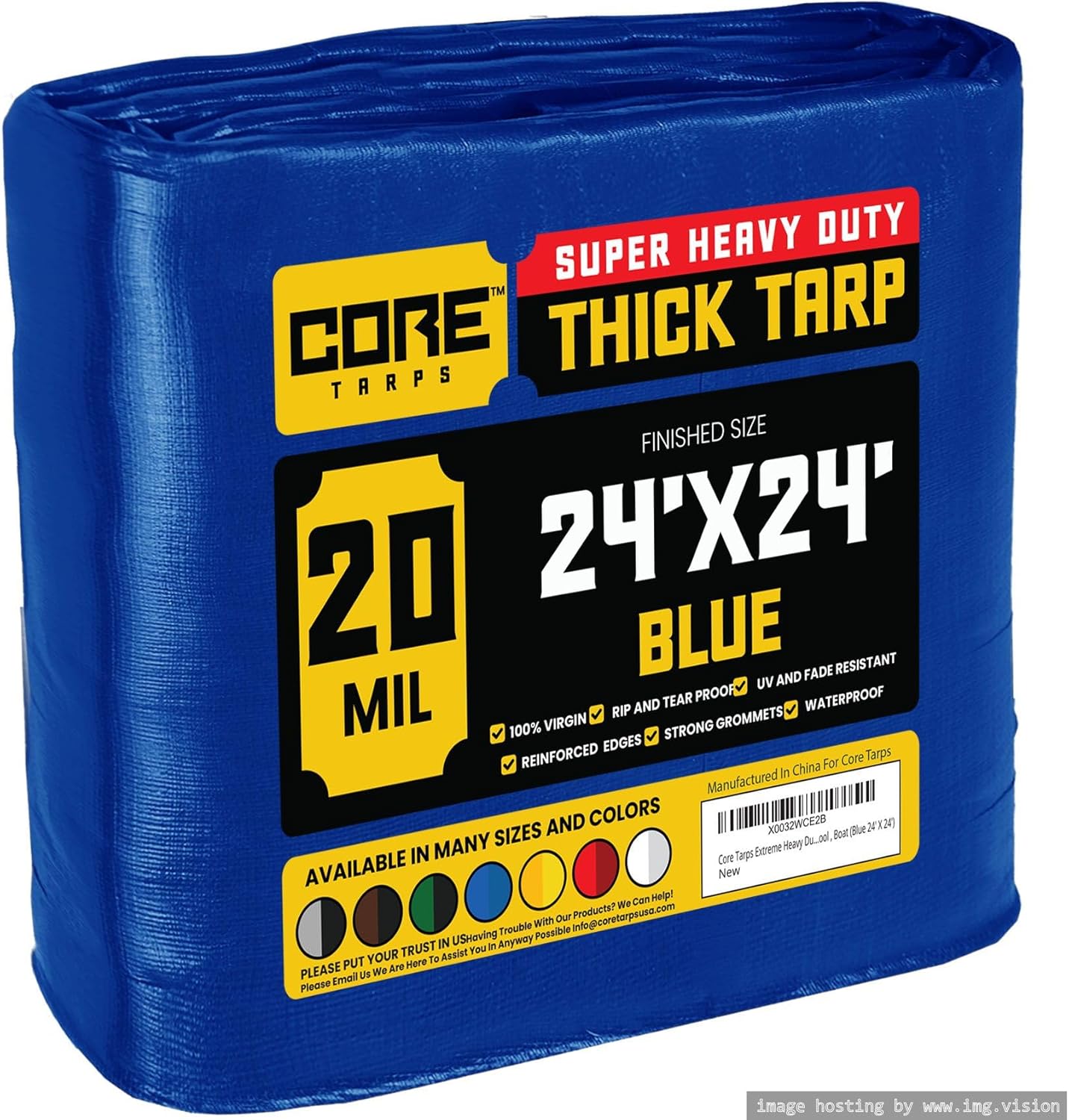 Core Tarps Extreme Heavy Duty 20 Mil Tarp Cover, Waterproof, UV Resistant, Rip and Tear Proof, Poly Tarpaulin with Reinforced Edges for Roof, Camping, Patio, Pool, Boat (Blue 24 X 24)