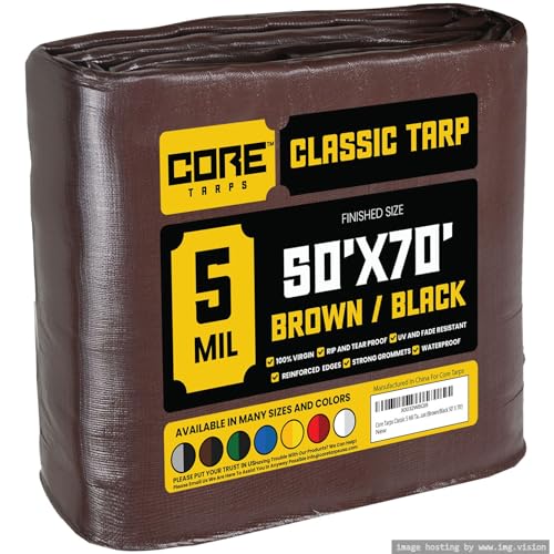Core Tarps Classic 5 Mil Tarp Cover, Waterproof, UV Resistant, Rip and Tear Proof, Poly Tarpaulin with Reinforced Edges for Roof, Camping, Patio, Pool Cover, Boat (Brown/Black 50 X 70)