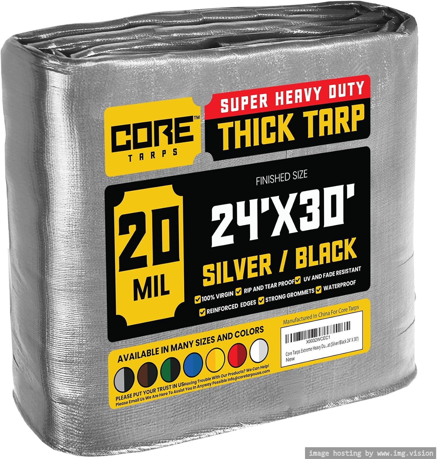 Core Tarps Extreme Heavy Duty 20 Mil Tarp Cover, Waterproof, UV Resistant, Rip and Tear Proof, Poly Tarpaulin with Reinforced Edges for Roof, Camping, Patio, Pool, Boat (Silver/Black 24 X 30)