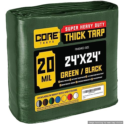 Core Tarps Extreme Heavy Duty 20 Mil Tarp Cover, Waterproof, UV Resistant, Rip and Tear Proof, Poly Tarpaulin with Reinforced Edges for Roof, Camping, Patio, Pool, Boat (Green/Black 24 X 24)