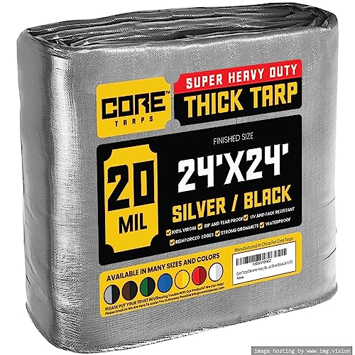 Core Tarps Extreme Heavy Duty 20 Mil Tarp Cover, Waterproof, UV Resistant, Rip and Tear Proof, Poly Tarpaulin with Reinforced Edges for Roof, Camping, Patio, Pool, Boat (Silver/Black 24 X 24)