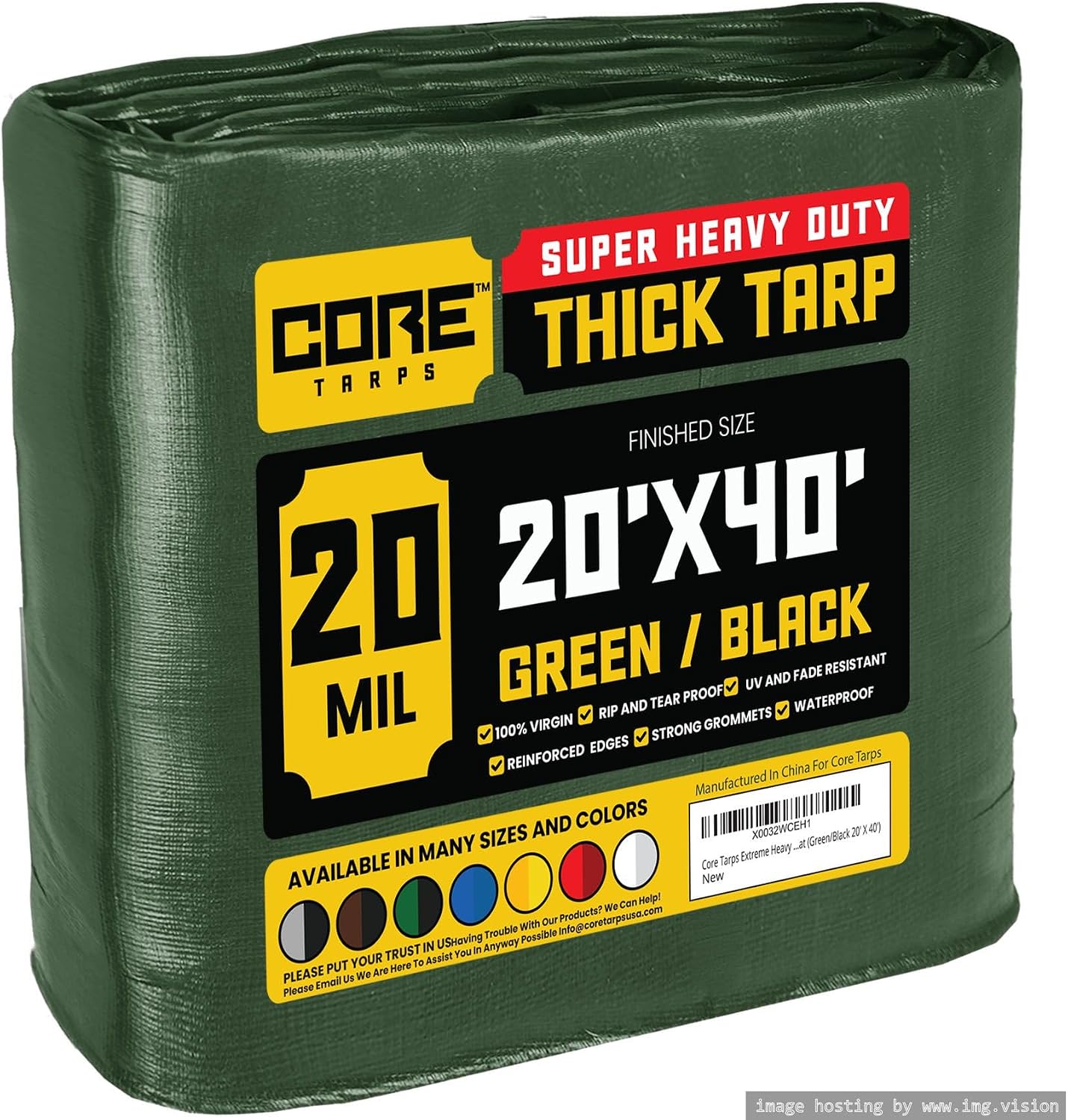 Core Tarps Extreme Heavy Duty 20 Mil Tarp Cover, Waterproof, UV Resistant, Rip and Tear Proof, Poly Tarpaulin with Reinforced Edges for Roof, Camping, Patio, Pool, Boat (Green/Black 20 X 40)