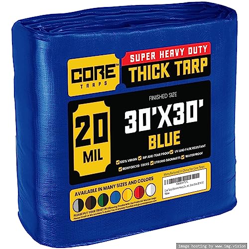 Core Tarps Extreme Heavy Duty 20 Mil Tarp Cover, Waterproof, UV Resistant, Rip and Tear Proof, Poly Tarpaulin with Reinforced Edges for Roof, Camping, Patio, Pool, Boat (Blue 30 X 30)