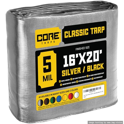 Core Tarps Classic 5 Mil Tarp Cover, Waterproof, UV Resistant, Rip and Tear Proof, Poly Tarpaulin with Reinforced Edges for Roof, Camping, Patio, Pool Cover, Boat (Silver/Black 16 X 20)