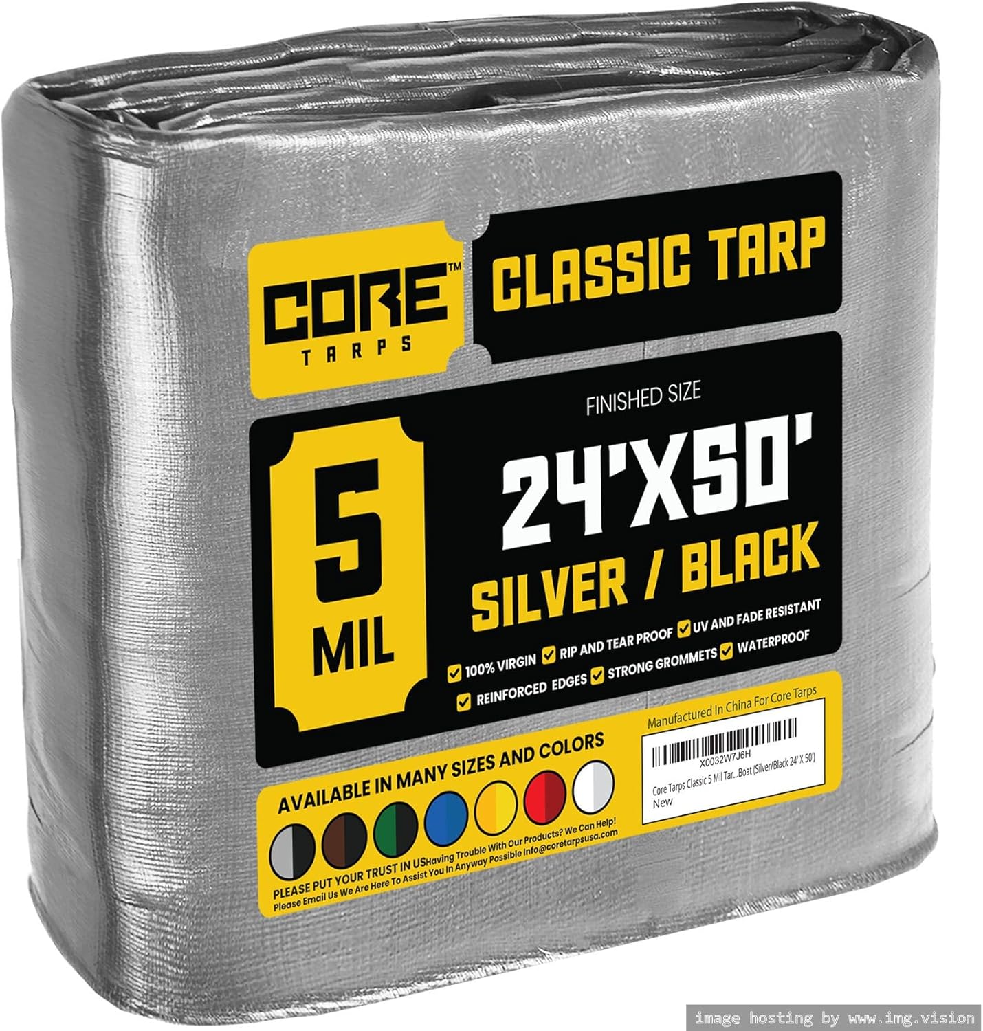 Core Tarps Classic 5 Mil Tarp Cover, Waterproof, UV Resistant, Rip and Tear Proof, Poly Tarpaulin with Reinforced Edges for Roof, Camping, Patio, Pool Cover, Boat (Silver/Black 24 X 50)
