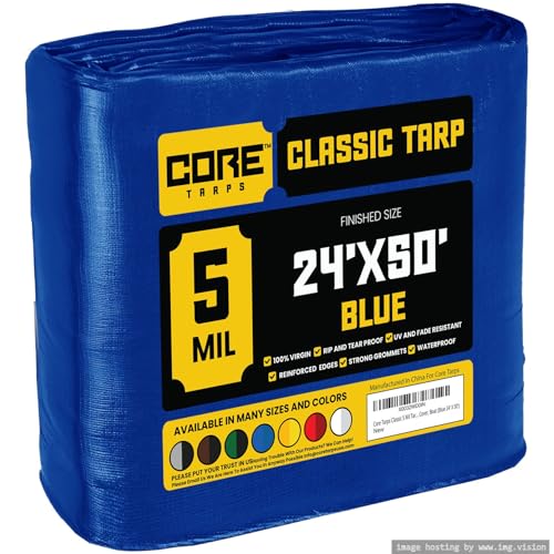 Core Tarps Classic 5 Mil Tarp Cover, Waterproof, UV Resistant, Rip and Tear Proof, Poly Tarpaulin with Reinforced Edges for Roof, Camping, Patio, Pool Cover, Boat (Blue 24 X 50)