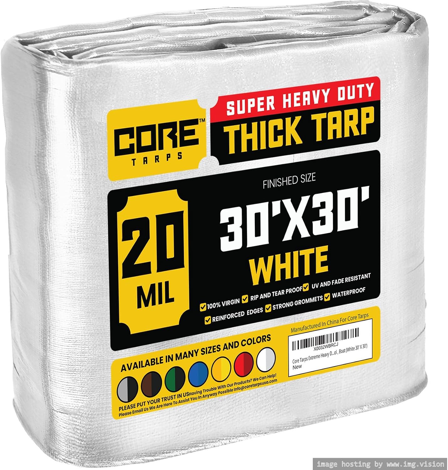 Core Tarps Extreme Heavy Duty 20 Mil Tarp Cover, Waterproof, UV Resistant, Rip and Tear Proof, Poly Tarpaulin with Reinforced Edges for Roof, Camping, Patio, Pool, Boat (White 30 X 30)