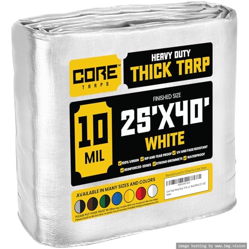 Core Tarps Heavy Duty 10 Mil Tarp Cover, Waterproof, UV Resistant, Rip and Tear Proof, Poly Tarpaulin with Reinforced Edges for Roof, Camping, Patio, Pool, Boat (White 25 X 40)
