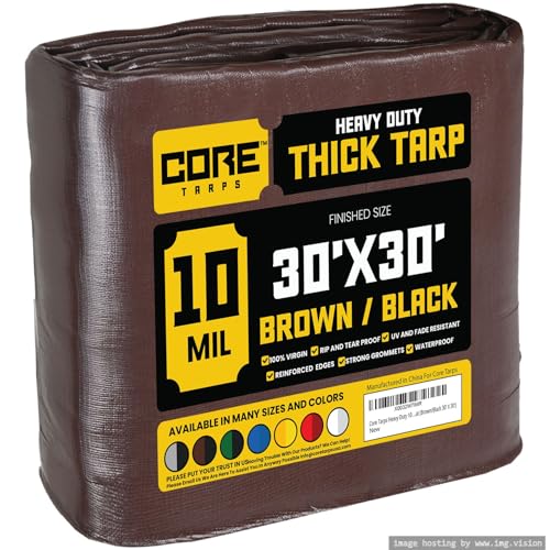 Core Tarps Heavy Duty 10 Mil Tarp Cover, Waterproof, UV Resistant, Rip and Tear Proof, Poly Tarpaulin with Reinforced Edges for Roof, Camping, Patio, Pool, Boat (Brown/Black 30 X 30)