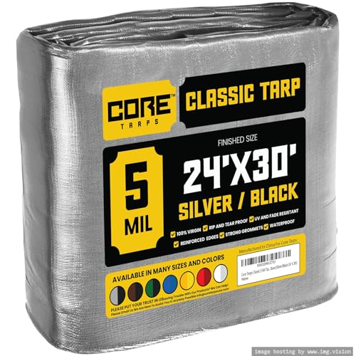 Core Tarps Classic 5 Mil Tarp Cover, Waterproof, UV Resistant, Rip and Tear Proof, Poly Tarpaulin with Reinforced Edges for Roof, Camping, Patio, Pool Cover, Boat (Silver/Black 24 X 30)