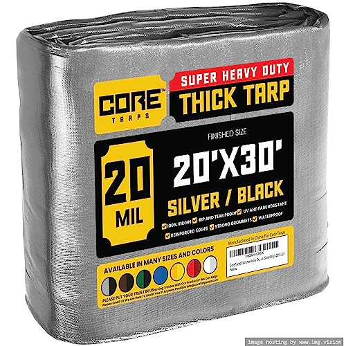 Core Tarps Extreme Heavy Duty 20 Mil Tarp Cover, Waterproof, UV Resistant, Rip and Tear Proof, Poly Tarpaulin with Reinforced Edges for Roof, Camping, Patio, Pool, Boat (Silver/Black 20 X 30)