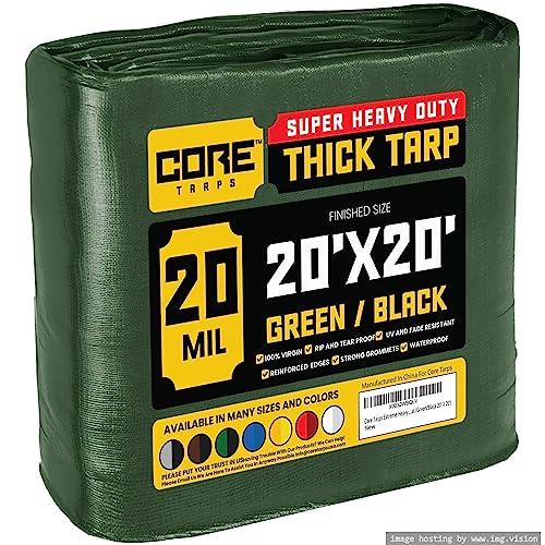 Core Tarps Extreme Heavy Duty 20 Mil Tarp Cover, Waterproof, UV Resistant, Rip and Tear Proof, Poly Tarpaulin with Reinforced Edges for Roof, Camping, Patio, Pool, Boat (Green/Black 20 X 20)