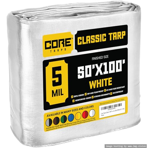 Core Tarps Classic 5 Mil Tarp Cover, Waterproof, UV Resistant, Rip and Tear Proof, Poly Tarpaulin with Reinforced Edges for Roof, Camping, Patio, Pool Cover, Boat (White 50 X 100)