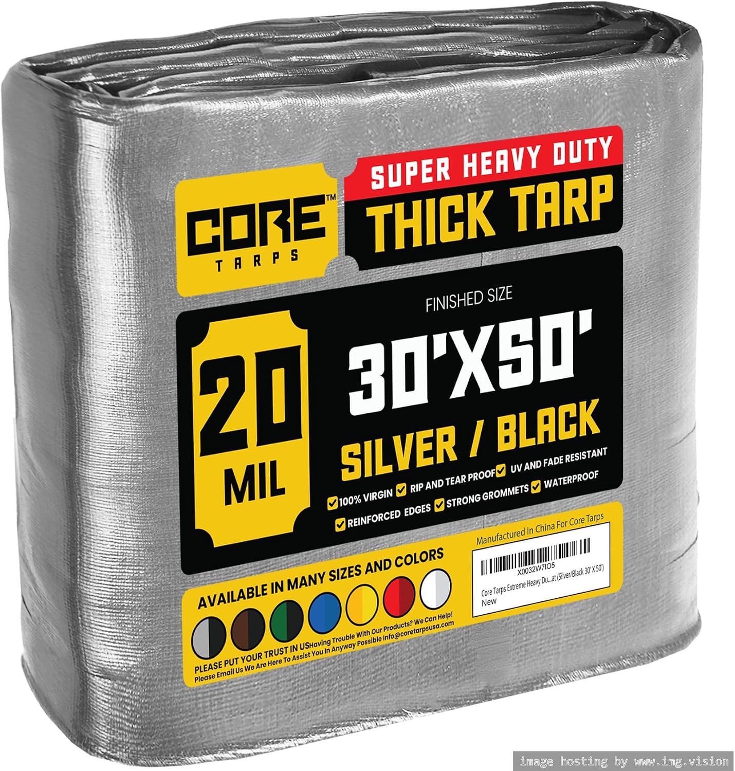 Core Tarps Extreme Heavy Duty 20 Mil Tarp Cover, Waterproof, UV Resistant, Rip and Tear Proof, Poly Tarpaulin with Reinforced Edges for Roof, Camping, Patio, Pool, Boat (Silver/Black 30 X 50)