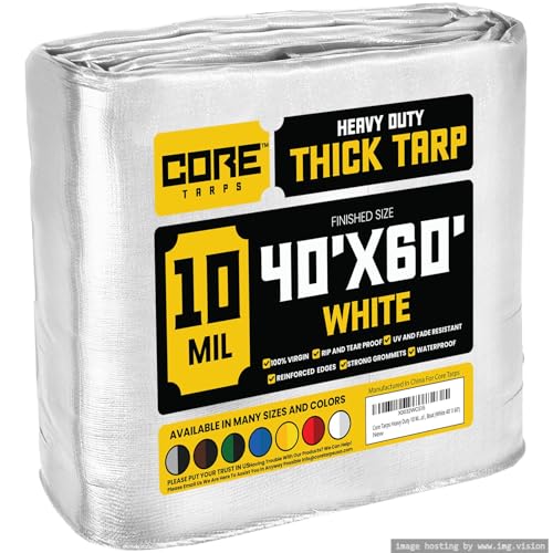 Core Tarps Heavy Duty 10 Mil Tarp Cover, Waterproof, UV Resistant, Rip and Tear Proof, Poly Tarpaulin with Reinforced Edges for Roof, Camping, Patio, Pool, Boat (White 40 X 60)