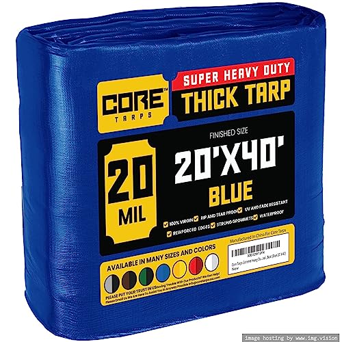 Core Tarps Extreme Heavy Duty 20 Mil Tarp Cover, Waterproof, UV Resistant, Rip and Tear Proof, Poly Tarpaulin with Reinforced Edges for Roof, Camping, Patio, Pool, Boat (Blue 20 X 40)