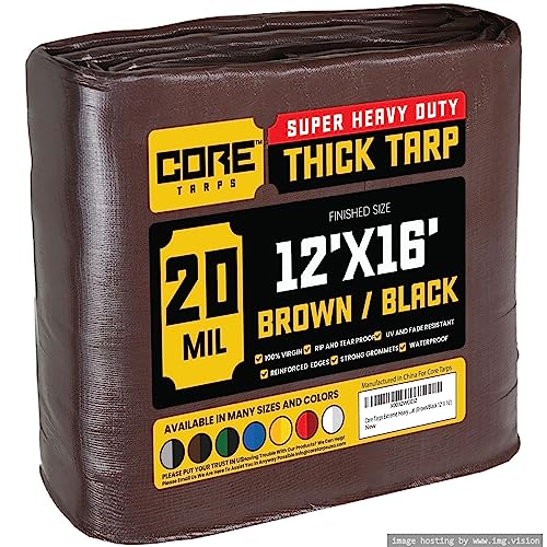 Core Tarps Extreme Heavy Duty 20 Mil Tarp Cover, Waterproof, UV Resistant, Rip and Tear Proof, Poly Tarpaulin with Reinforced Edges for Roof, Camping, Patio, Pool, Boat (Brown/Black 12 X 16)