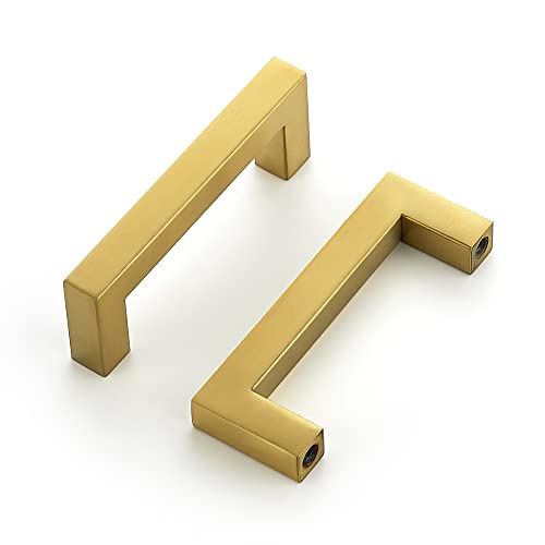 Ravinte 15 Pack 3 Inch Square Cabinet Handles, Brushed Brass Finish, Stainless Steel Kitchen Hardware Pulls with 3" (76mm) Hole Center for Cabinets, Gold