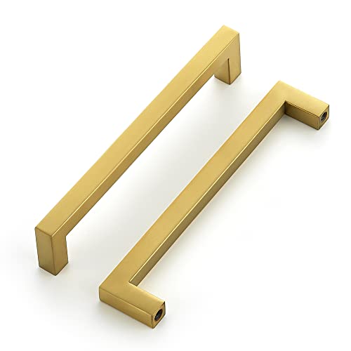 Ravinte 15 Pack 6-1/4 Inch Square Cabinet Handles, Brushed Brass Finish, Stainless Steel Kitchen Hardware Pulls with 6-1/4" (160mm) Hole Center for Cabinets, Gold