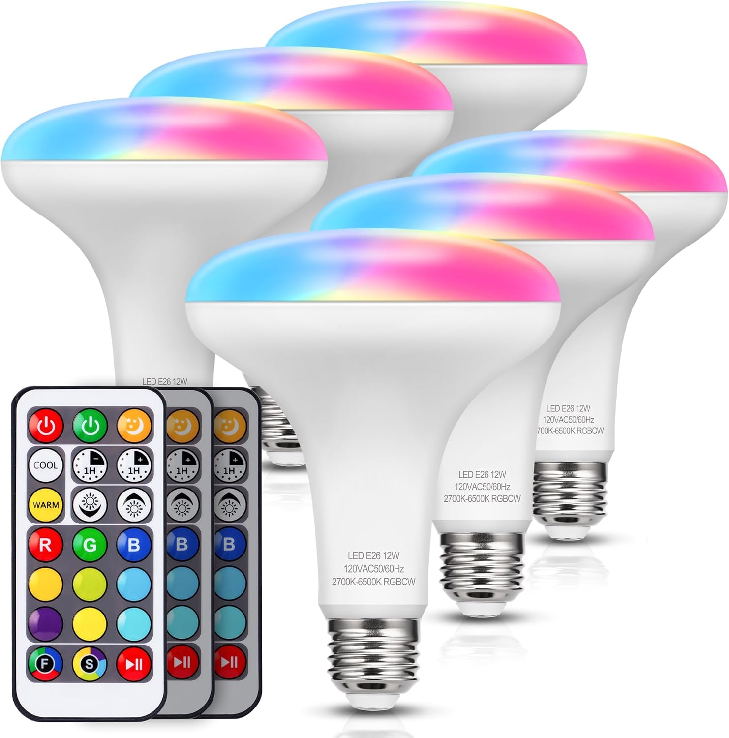 JandCase BR30 Color Changing Flood Lights, RGB+Warm+Cool White LED Recessed Light Bulb, 12W(100W Equivalent), 1050lm, Remote Control, Dimmable Multi-color Can Light Bulbs for Ceiling, E26 Base, 6 Pack