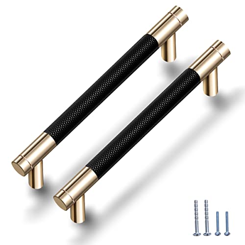 12 Pack 5 Inch 128 mm Knurled Cabinet Handles Cabinet Pulls Aluminum Handles Knurled Drawer Pulls Gold and Black Oxidation Finish with Diamond Pattern 6.2" Length (5" Hole Center)