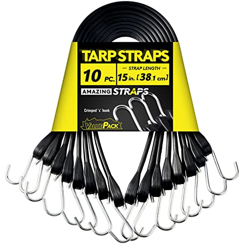 15'' Rubber Bungee Cords Heavy Duty Outdoor with 27" Max Stretch & Over 176 lbs Load, 100% EPDM Black Bungee Straps with Crimped S Hooks for Cargo, Tarps, Truck, Motorcycle, Weatherproof (30 Pack)