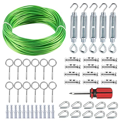 Turnbuckles for Cables Wire, 1/8" X 100Ft Green PVC Coated Wire Rope Kit