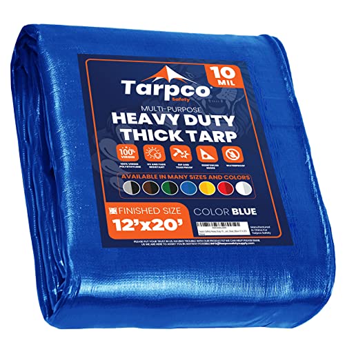Tarpco Safety Heavy Duty 10 Mil Tarp Cover, Waterproof, UV Resistant, Rip and Tear Proof, Poly Tarpaulin with Reinforced Edges for Camping, Roof, Patio, Pool, Boat. (Blue 12 X 20)