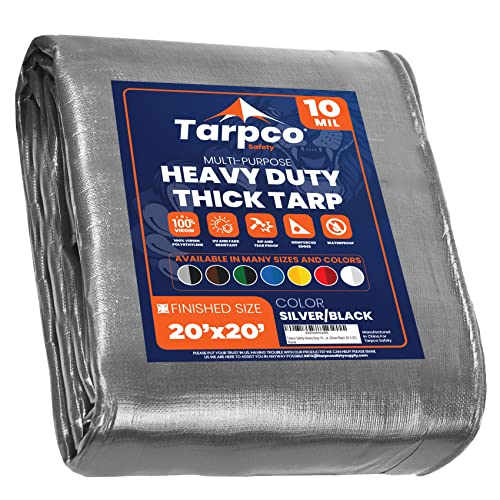 Tarpco Safety Heavy Duty 10 Mil Tarp Cover, Waterproof, UV Resistant, Rip and Tear Proof, Poly Tarpaulin with Reinforced Edges for Camping, Roof, Patio, Pool, Boat. (Silver/Black 20 X 20)
